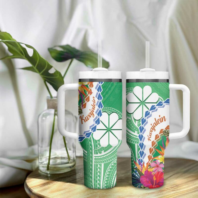 Marshall Islands Kwajalein Atoll Curves Polynesian Mix Tropical Flowers Custom Stanley Quencher 40oz Stainless Steel Tumbler With Handle - Threewoofs - Image 9