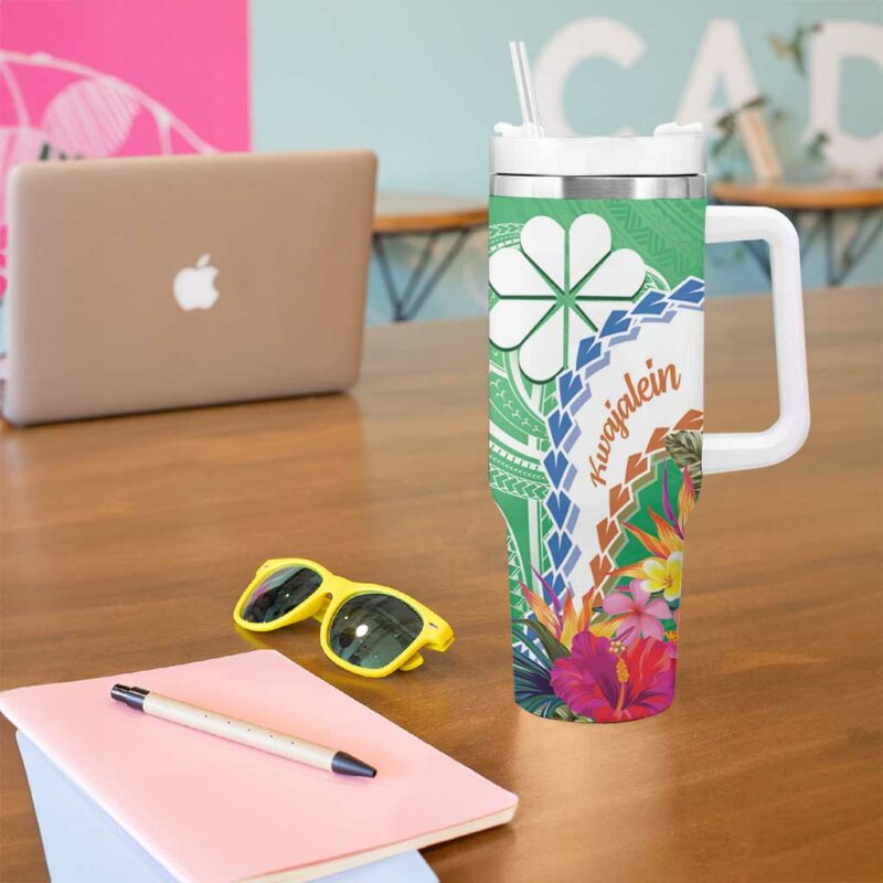 Marshall Islands Kwajalein Atoll Curves Polynesian Mix Tropical Flowers Custom Stanley Quencher 40oz Stainless Steel Tumbler With Handle - Threewoofs - Image 5