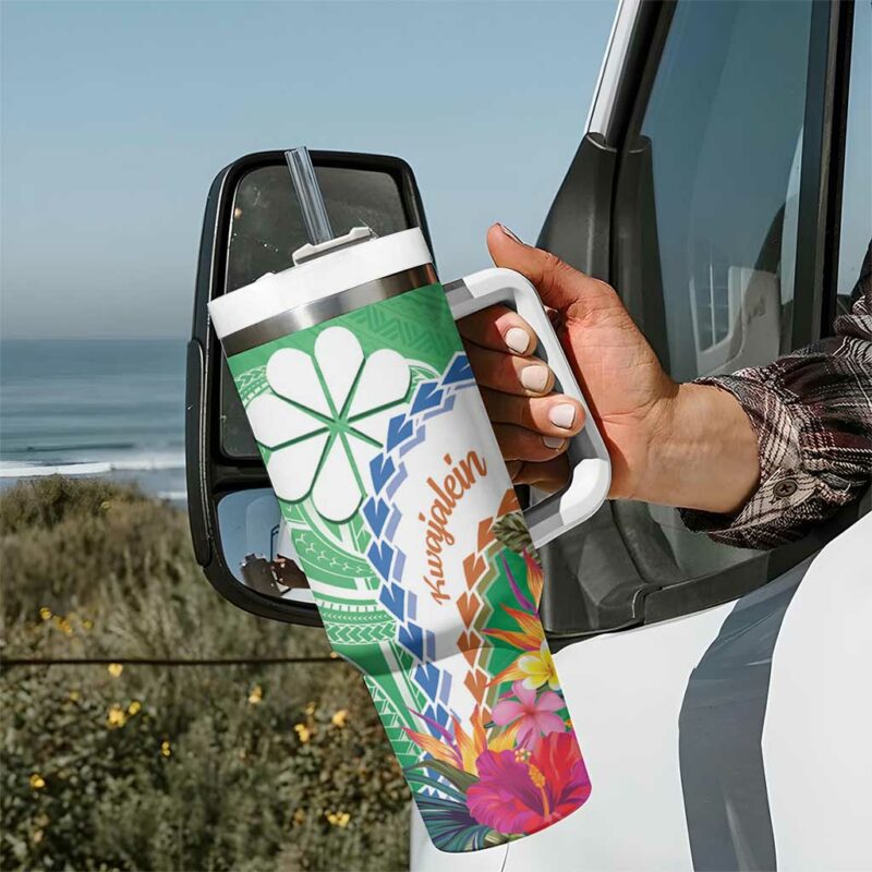 Marshall Islands Kwajalein Atoll Curves Polynesian Mix Tropical Flowers Custom Stanley Quencher 40oz Stainless Steel Tumbler With Handle - Threewoofs - Image 7