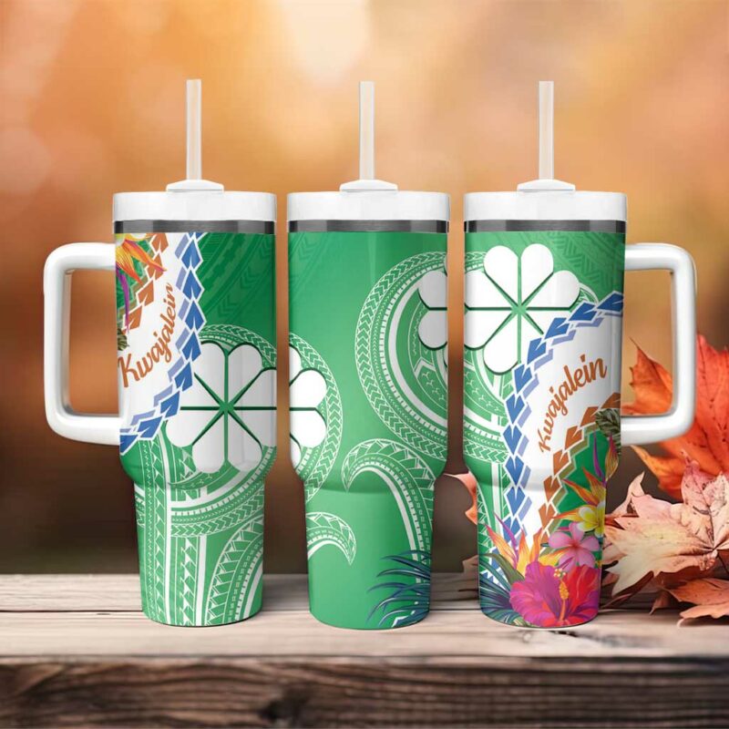 Marshall Islands Kwajalein Atoll Curves Polynesian Mix Tropical Flowers Custom Stanley Quencher 40oz Stainless Steel Tumbler With Handle - Threewoofs - Image 4
