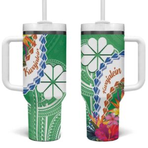 Marshall Islands Kwajalein Atoll Curves Polynesian Mix Tropical Flowers Custom Stanley Quencher 40oz Stainless Steel Tumbler With Handle - Threewoofs