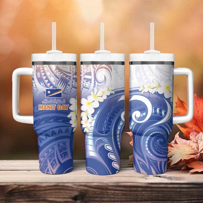 Marshall Islands Manit Day Plumeria and Polynesian Tribal Custom Stanley Quencher 40oz Stainless Steel Tumbler With Handle - Threewoofs - Image 4