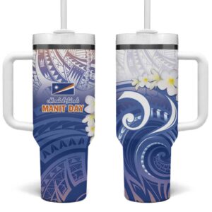 Marshall Islands Manit Day Plumeria and Polynesian Tribal Custom Stanley Quencher 40oz Stainless Steel Tumbler With Handle - Threewoofs