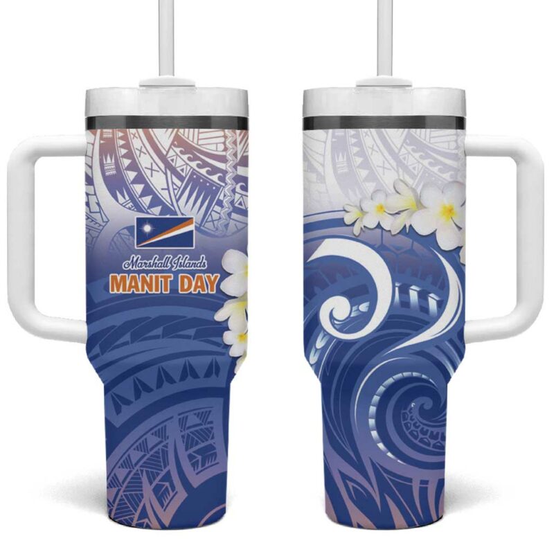 Marshall Islands Manit Day Plumeria and Polynesian Tribal Custom Stanley Quencher 40oz Stainless Steel Tumbler With Handle - Threewoofs