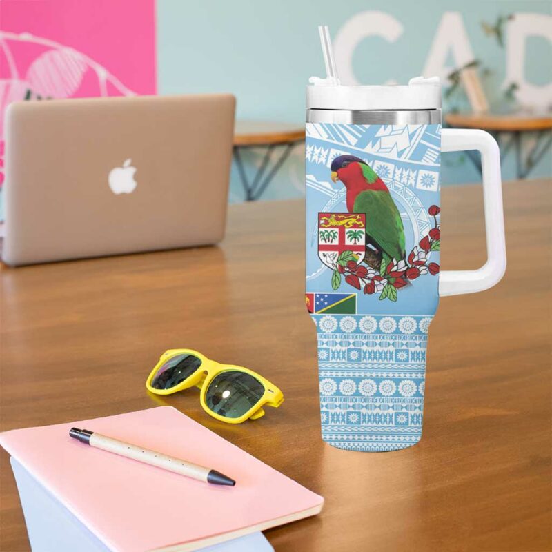 Melanesian Fiji Kula Bird with Tagimoucia Masi Tapa Custom Stanley Quencher 40oz Stainless Steel Tumbler With Handle - Threewoofs - Image 5