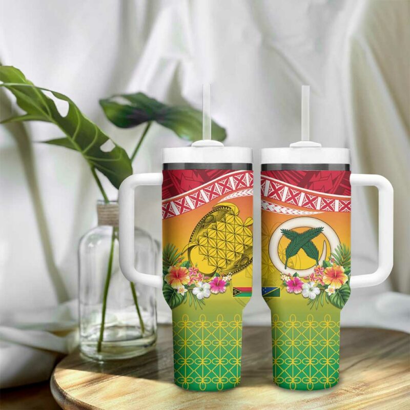 Melanesian NiVanuatu Sea Turtle with Sand Drawing Custom Stanley Quencher 40oz Stainless Steel Tumbler With Handle - Threewoofs - Image 9