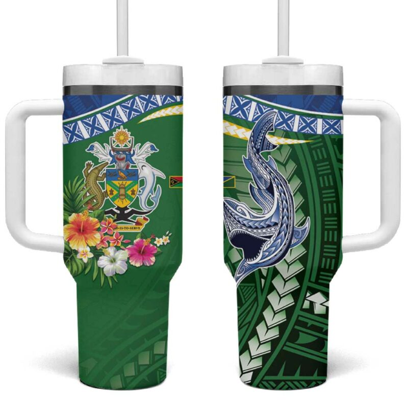 Melanesian Solomon Islands Tropical hark Tattoo Custom Stanley Quencher 40oz Stainless Steel Tumbler With Handle - Threewoofs