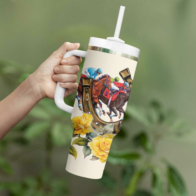 Melbourne Horse Racing Australian Horse With Yellow Roses Custom Stanley Quencher 40oz Stainless Steel Tumbler With Handle - Threewoofs - Image 4