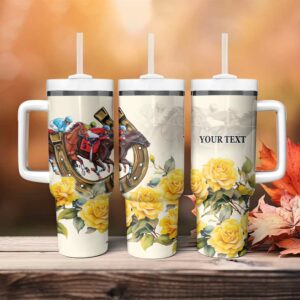 Melbourne Horse Racing Australian Horse With Yellow Roses Custom Stanley Quencher 40oz Stainless Steel Tumbler With Handle - Threewoofs