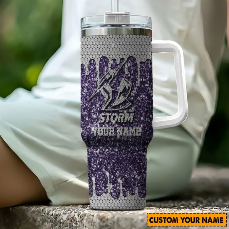 Melbourne Storm NRL Sports Glitter Custom Stanley Quencher 40oz Stainless Steel Tumbler With Handle - Threewoofs