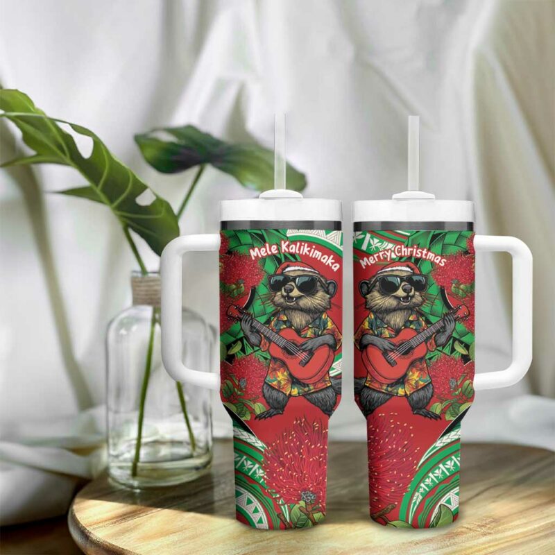 Mele Kalikimaka Hawaii Mongoose Santa With Ohia Lehua Custom Stanley Quencher 40oz Stainless Steel Tumbler With Handle - Threewoofs - Image 9