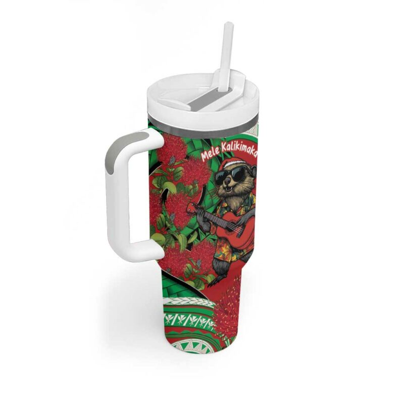 Mele Kalikimaka Hawaii Mongoose Santa With Ohia Lehua Custom Stanley Quencher 40oz Stainless Steel Tumbler With Handle - Threewoofs - Image 2