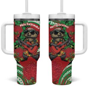Mele Kalikimaka Hawaii Mongoose Santa With Ohia Lehua Custom Stanley Quencher 40oz Stainless Steel Tumbler With Handle - Threewoofs