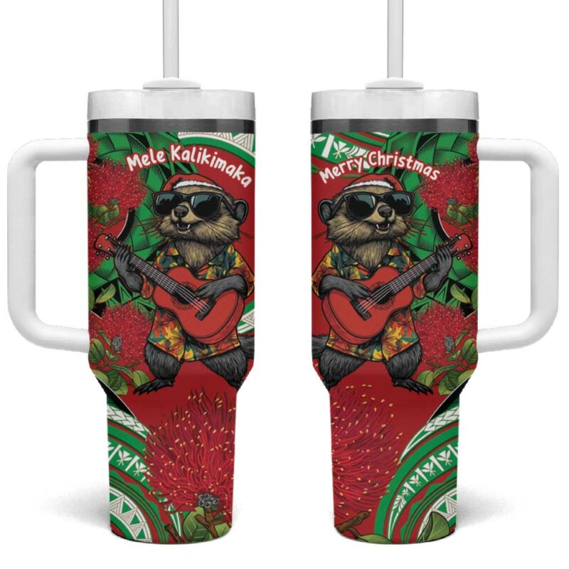 Mele Kalikimaka Hawaii Mongoose Santa With Ohia Lehua Custom Stanley Quencher 40oz Stainless Steel Tumbler With Handle - Threewoofs