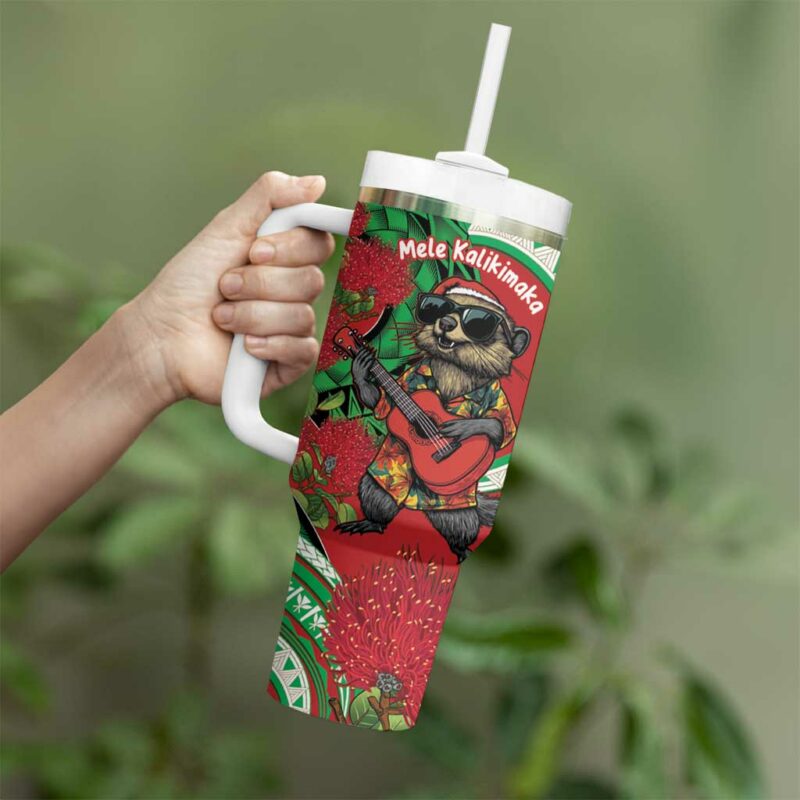 Mele Kalikimaka Hawaii Mongoose Santa With Ohia Lehua Custom Stanley Quencher 40oz Stainless Steel Tumbler With Handle - Threewoofs - Image 3
