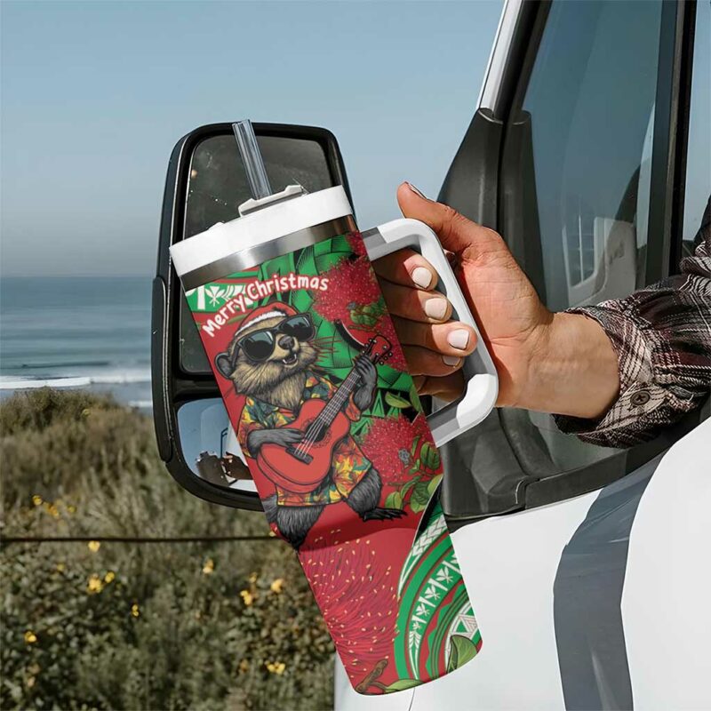 Mele Kalikimaka Hawaii Mongoose Santa With Ohia Lehua Custom Stanley Quencher 40oz Stainless Steel Tumbler With Handle - Threewoofs - Image 7