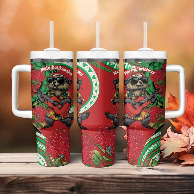 Mele Kalikimaka Hawaii Mongoose Santa With Ohia Lehua Custom Stanley Quencher 40oz Stainless Steel Tumbler With Handle - Threewoofs - Image 4