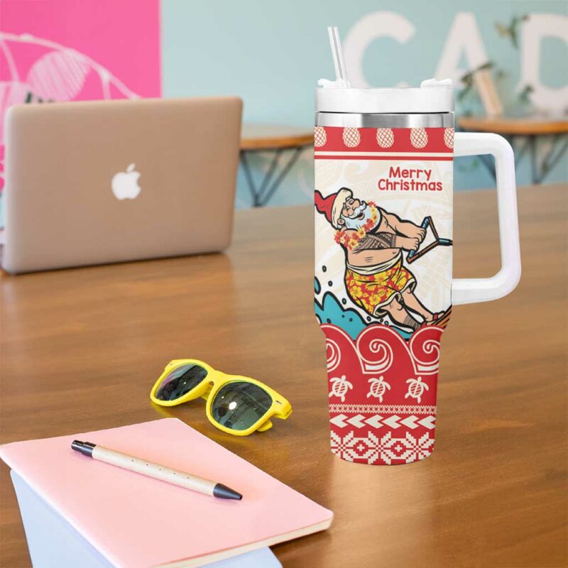 Mele Kalikimaka Hawaii Waterskiing Santa Tropical Custom Stanley Quencher 40oz Stainless Steel Tumbler With Handle - Threewoofs - Image 5