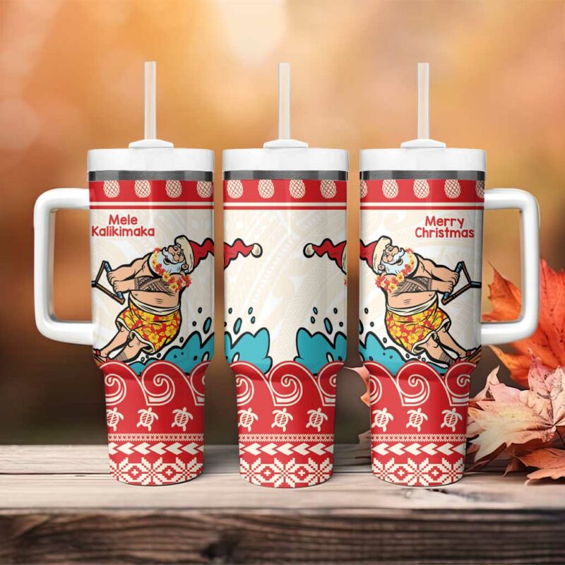 Mele Kalikimaka Hawaii Waterskiing Santa Tropical Custom Stanley Quencher 40oz Stainless Steel Tumbler With Handle - Threewoofs - Image 4