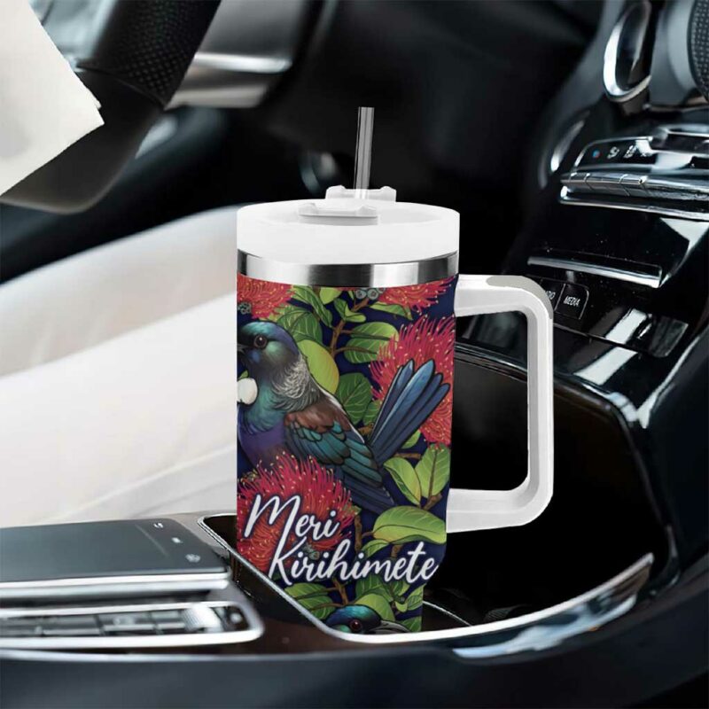 Meri Kirihimete New Zealand Tui on Pohutukawa Blue Ver Custom Stanley Quencher 40oz Stainless Steel Tumbler With Handle - Threewoofs - Image 8