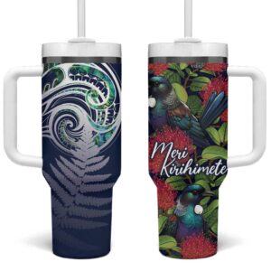 Meri Kirihimete New Zealand Tui on Pohutukawa Blue Ver Custom Stanley Quencher 40oz Stainless Steel Tumbler With Handle - Threewoofs