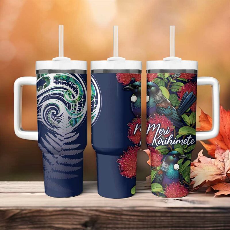 Meri Kirihimete New Zealand Tui on Pohutukawa Blue Ver Custom Stanley Quencher 40oz Stainless Steel Tumbler With Handle - Threewoofs - Image 4
