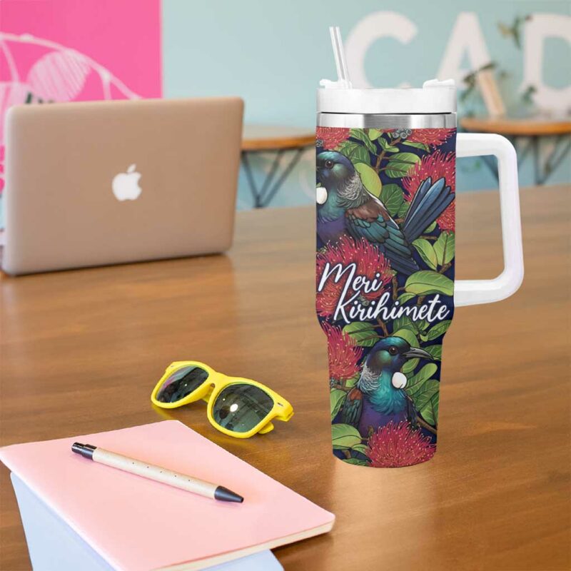 Meri Kirihimete New Zealand Tui on Pohutukawa Blue Ver Custom Stanley Quencher 40oz Stainless Steel Tumbler With Handle - Threewoofs - Image 5