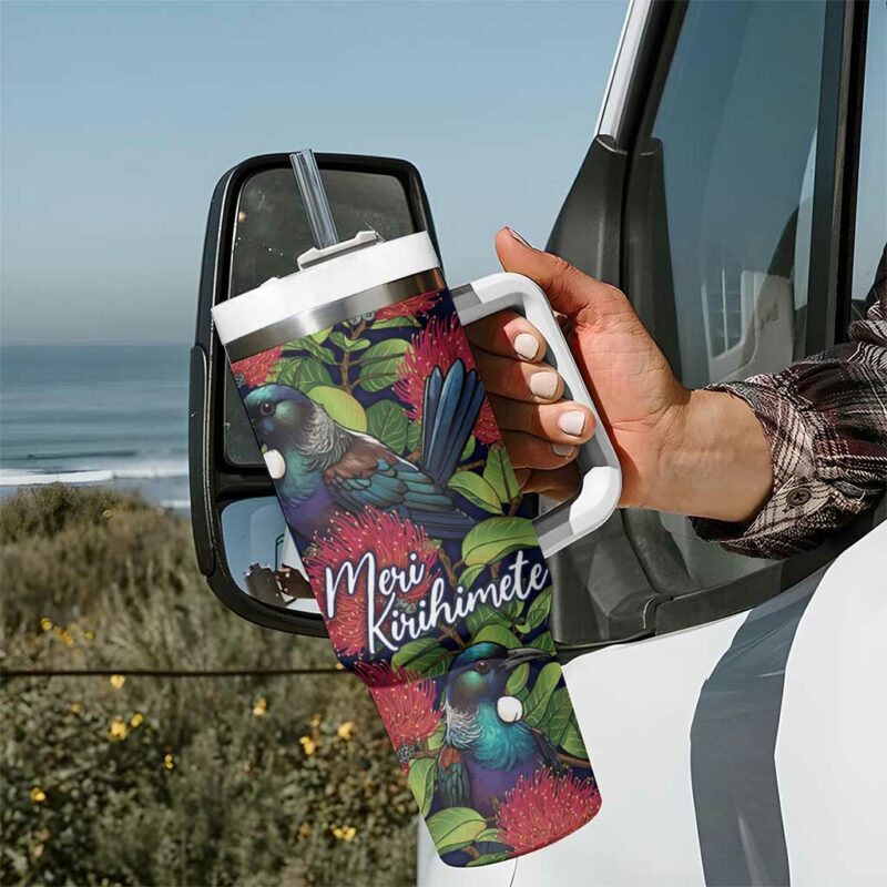 Meri Kirihimete New Zealand Tui on Pohutukawa Blue Ver Custom Stanley Quencher 40oz Stainless Steel Tumbler With Handle - Threewoofs - Image 7