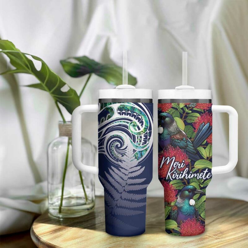 Meri Kirihimete New Zealand Tui on Pohutukawa Blue Ver Custom Stanley Quencher 40oz Stainless Steel Tumbler With Handle - Threewoofs - Image 9