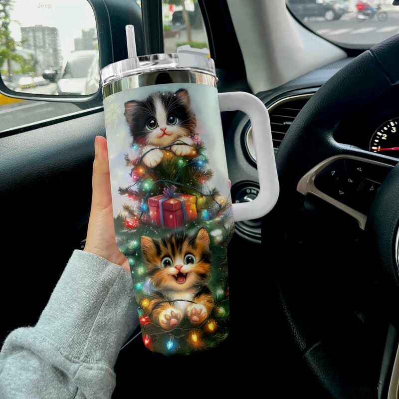 Merry And Cat Meowy Christmas Custom Stanley Quencher 40oz Stainless Steel Tumbler With Handle - Threewoofs - Image 3