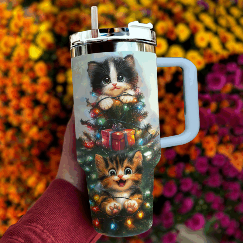 Merry And Cat Meowy Christmas Custom Stanley Quencher 40oz Stainless Steel Tumbler With Handle - Threewoofs - Image 2