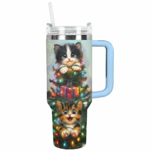 Merry And Cat Meowy Christmas Custom Stanley Quencher 40oz Stainless Steel Tumbler With Handle - Threewoofs