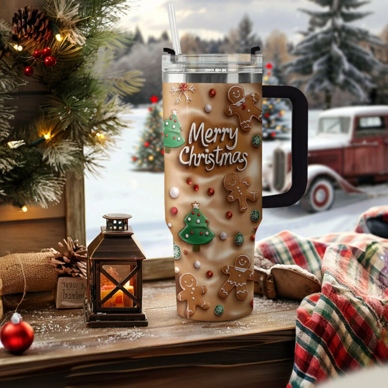 Merry & Bright Christmas Custom Stanley Quencher 40oz Stainless Steel Tumbler With Handle - Threewoofs - Image 3