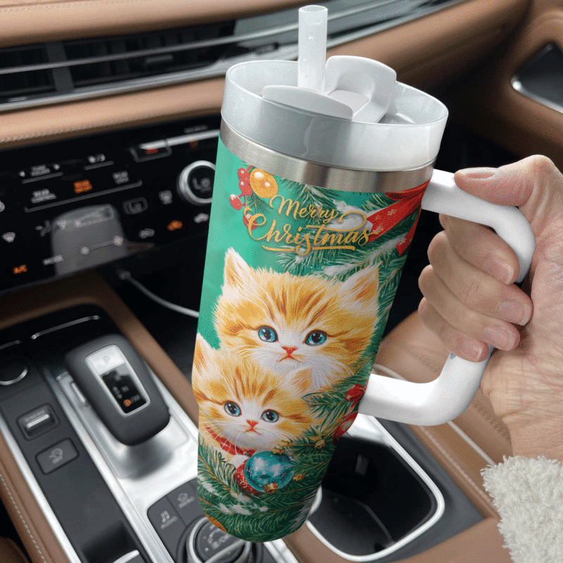 Merry Christmas Cat Custom Stanley Quencher 40oz Stainless Steel Tumbler With Handle - Threewoofs - Image 3