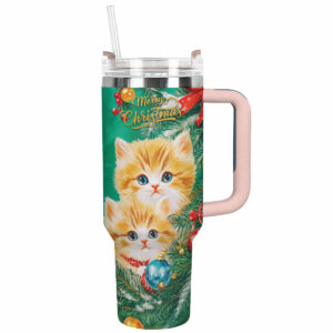 Merry Christmas Cat Custom Stanley Quencher 40oz Stainless Steel Tumbler With Handle - Threewoofs