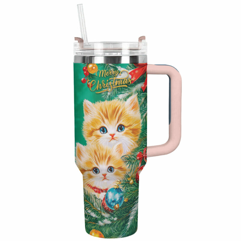 Merry Christmas Cat Custom Stanley Quencher 40oz Stainless Steel Tumbler With Handle - Threewoofs