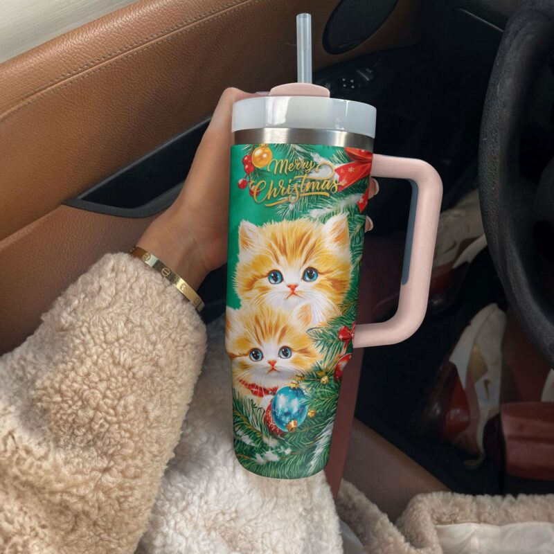 Merry Christmas Cat Custom Stanley Quencher 40oz Stainless Steel Tumbler With Handle - Threewoofs - Image 2