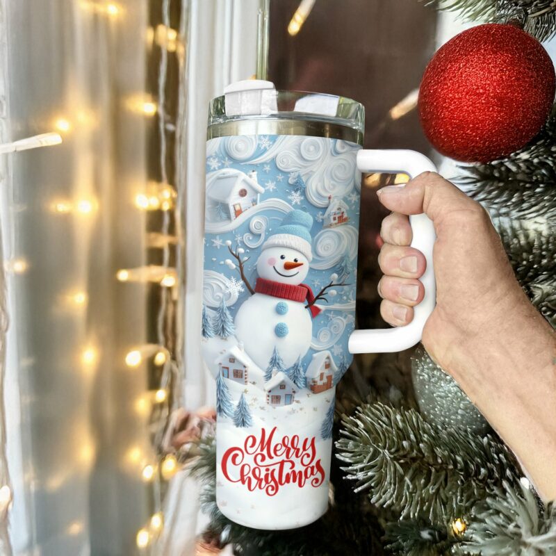 Merry Christmas Snowman Custom Stanley Quencher 40oz Stainless Steel Tumbler With Handle - Threewoofs - Image 2