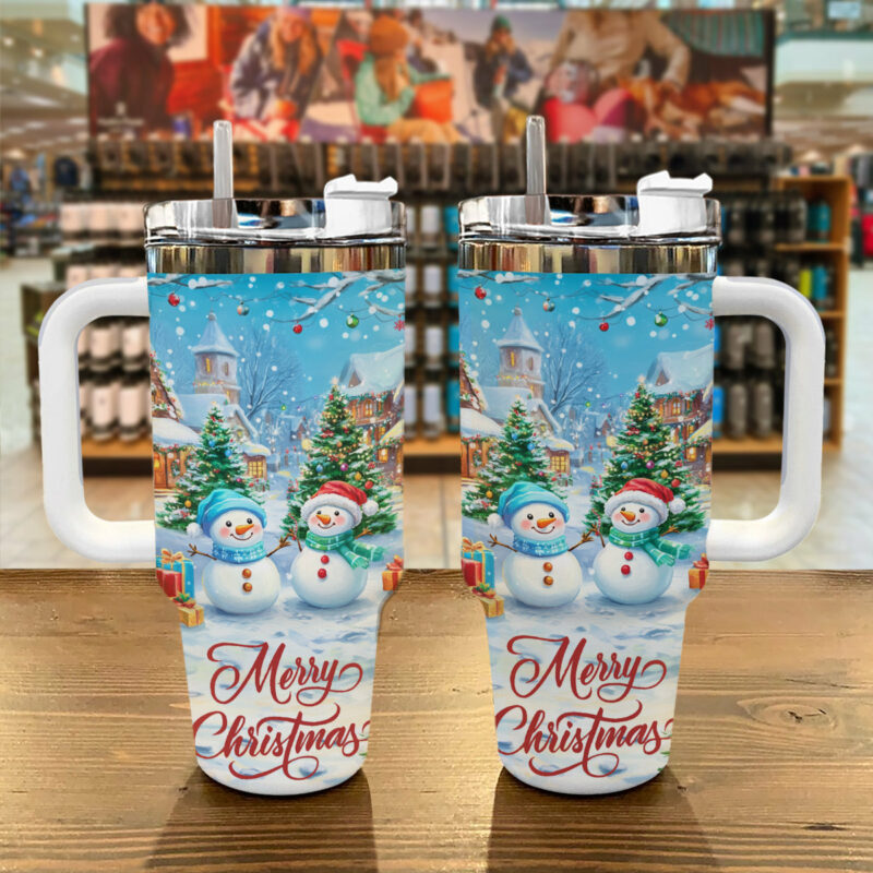 Merry Christmas Snowman Custom Stanley Quencher 40oz Stainless Steel Tumbler With Handle - Threewoofs - Image 2