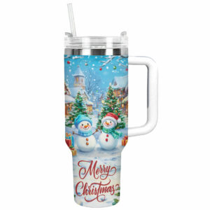 Merry Christmas Snowman Custom Stanley Quencher 40oz Stainless Steel Tumbler With Handle - Threewoofs