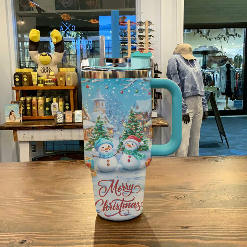 Merry Christmas Snowman Custom Stanley Quencher 40oz Stainless Steel Tumbler With Handle - Threewoofs - Image 3