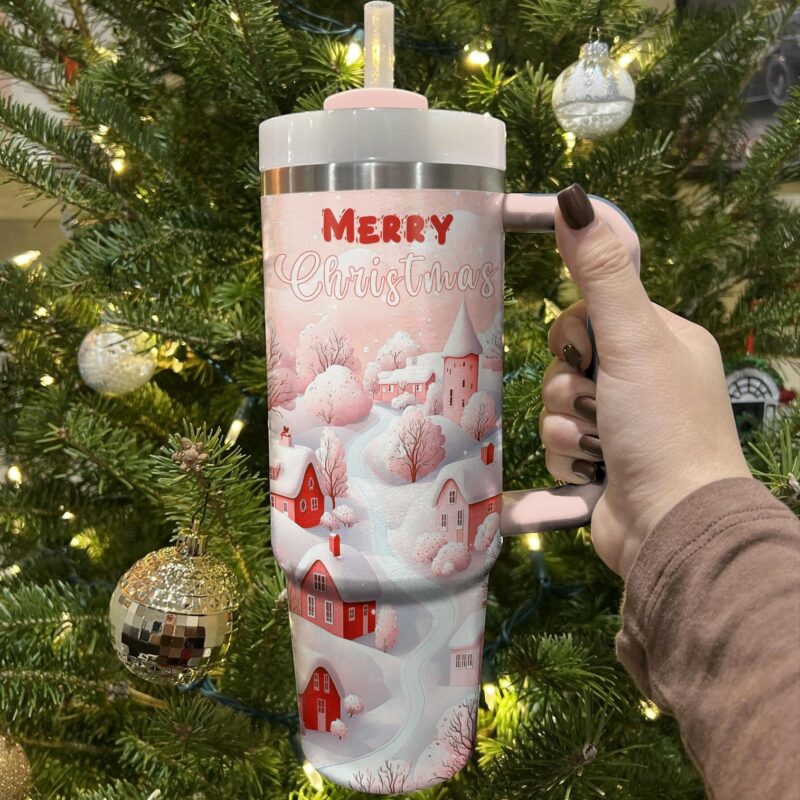 Merry Christmas Village Custom Stanley Quencher 40oz Stainless Steel Tumbler With Handle - Threewoofs - Image 2