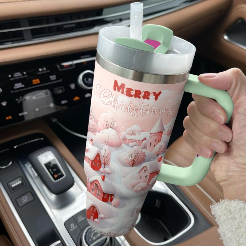 Merry Christmas Village Custom Stanley Quencher 40oz Stainless Steel Tumbler With Handle - Threewoofs - Image 3