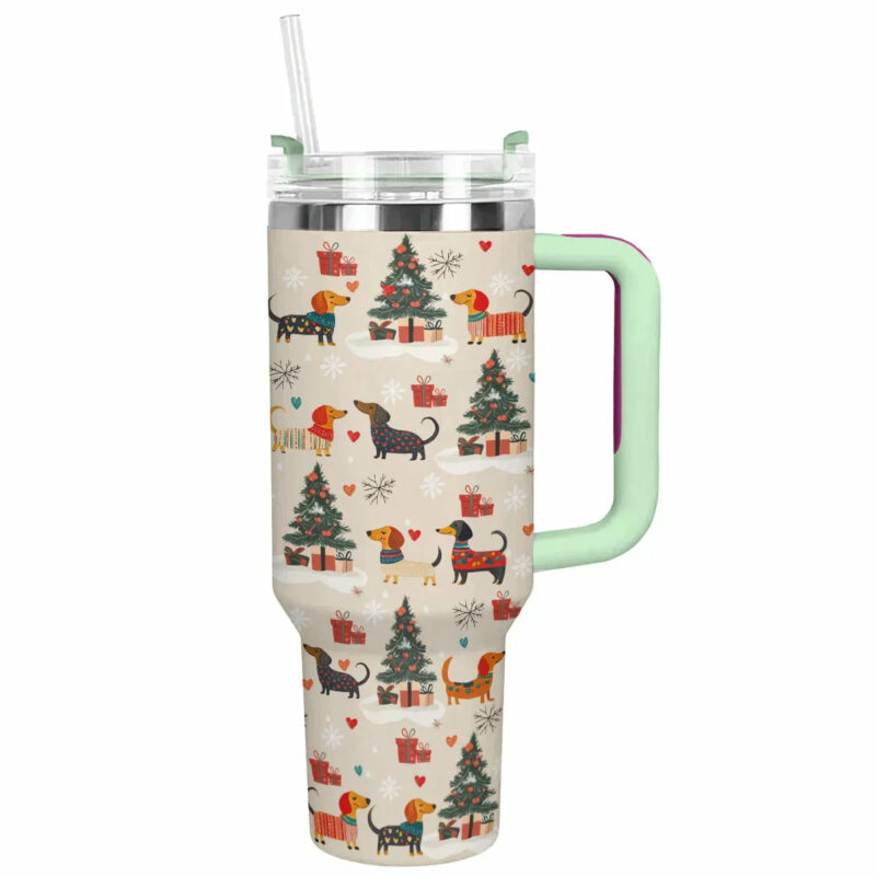 Merry Dachshund Joy Christmas Custom Stanley Quencher 40oz Stainless Steel Tumbler With Handle - Threewoofs - Image 3