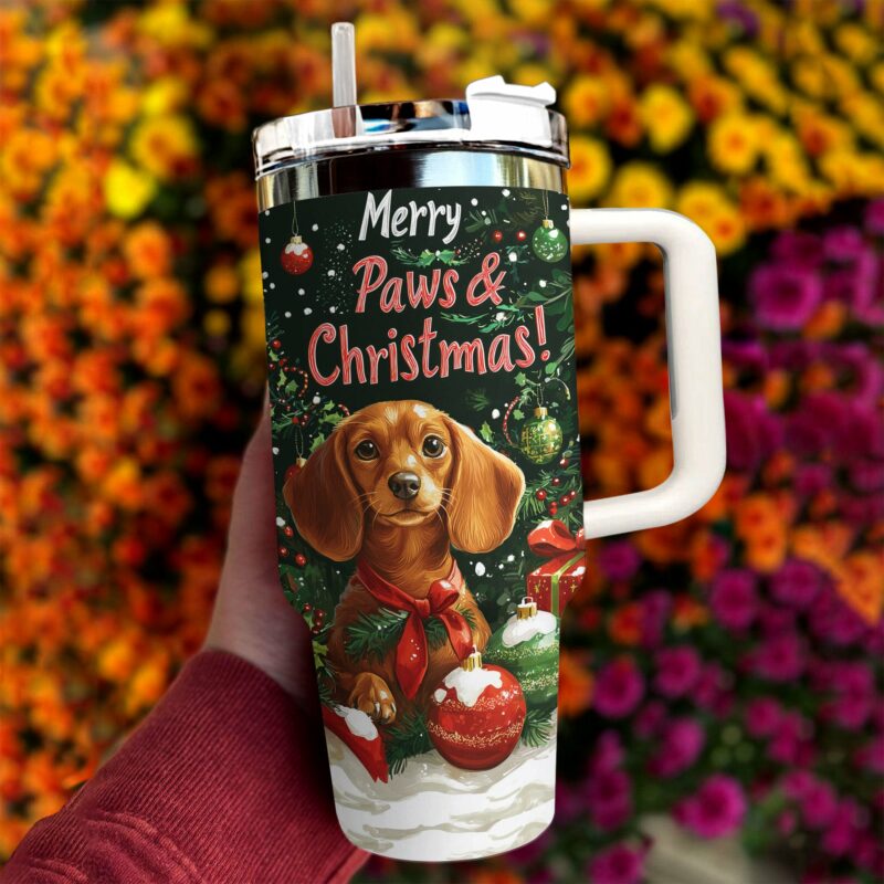 Merry Paws Christmas Custom Stanley Quencher 40oz Stainless Steel Tumbler With Handle - Threewoofs - Image 3