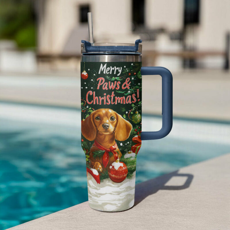 Merry Paws Christmas Custom Stanley Quencher 40oz Stainless Steel Tumbler With Handle - Threewoofs - Image 2