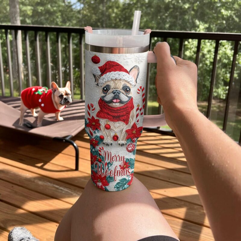 Merry Woofmas Frenchie Bulldog Christmas Custom Stanley Quencher 40oz Stainless Steel Tumbler With Handle - Threewoofs - Image 3