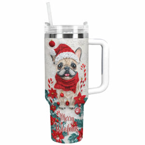Merry Woofmas Frenchie Bulldog Christmas Custom Stanley Quencher 40oz Stainless Steel Tumbler With Handle - Threewoofs