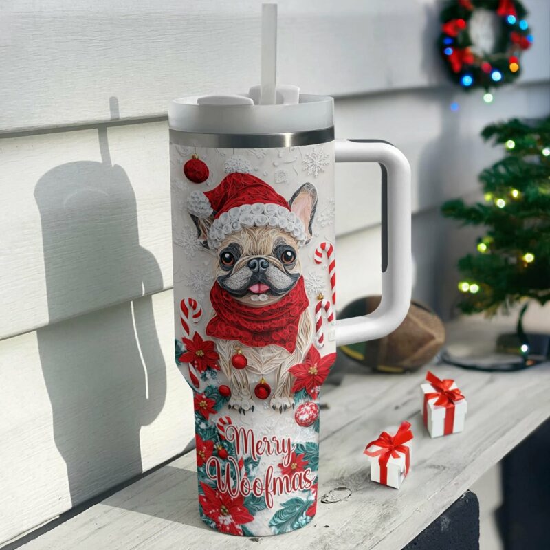 Merry Woofmas Frenchie Bulldog Christmas Custom Stanley Quencher 40oz Stainless Steel Tumbler With Handle - Threewoofs - Image 2