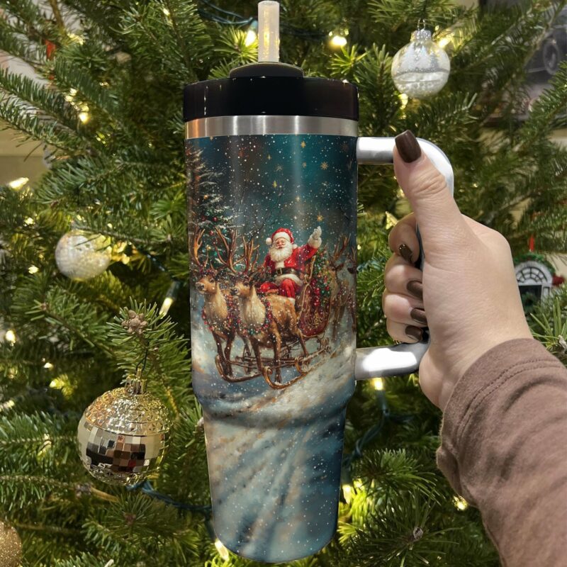 Mery Christmas Santa‚Äôs Sleigh Ride Custom Stanley Quencher 40oz Stainless Steel Tumbler With Handle - Threewoofs - Image 3